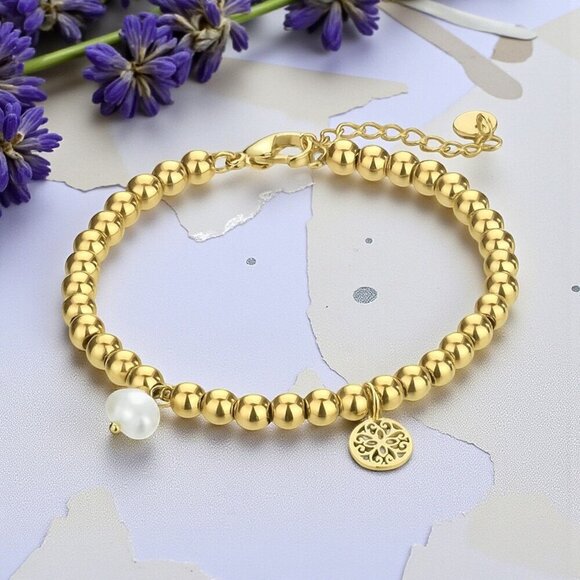 ๐๏ธBoho Chic Mandala Pearl Charm Bracelet 18K Gold Plated 316L Stainless Steel - Picture 11 of 11